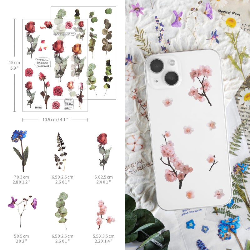 Mayplous 12 Sheets Scrapbook Stickers - Flower and Plant Decoration for Planner, Diary, Album, Journals - Clear PET for DIY Arts and Crafts (Flower) - Image 2